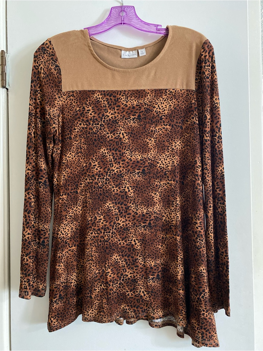 Kim, Rogers Leopard Print Long Sleeve Top with Camel Yoke